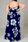 Rose Red Sexy Flowers Print Slit Contrast U Neck Printed Plus Size Dresses