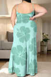 Rose Red Sexy Flowers Print Slit Contrast U Neck Printed Plus Size Dresses
