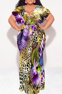 Leopard Print Sexy Snakeskin Print Leopard With Belt Contrast V Neck Printed Plus Size Dresses