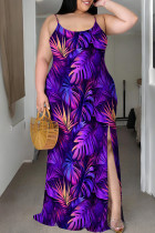Purple Casual Print Patchwork Slit Spaghetti Strap Sling Plus Size Dresses