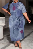Medium Blue Casual Faux Denim Print Pocket Contrast O Neck Printed Plus Size Dresses