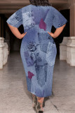 Medium Blue Casual Faux Denim Print Pocket Contrast O Neck Printed Plus Size Dresses