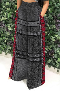 Black Gray Casual Faux Denim Print Pocket Contrast Loose High Waist Wide Leg Full Print Bottoms