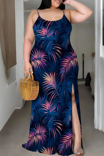 Tibetan Blue Casual Print Patchwork Slit Spaghetti Strap Sling Plus Size Dresses
