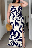 Rose Red Sexy Flowers Print Slit Contrast U Neck Printed Plus Size Dresses
