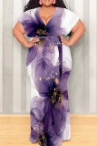 Cyan Casual Print Patchwork Strap Design V Neck Long Plus Size Dresses