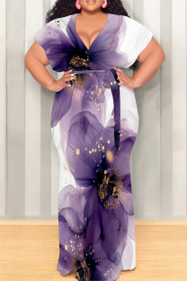 Purple And White Casual Print Patchwork Strap Design V Neck Long Plus Size Dresses