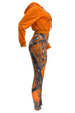 Tangerine Red Casual Print Patchwork Zipper Hooded Long Sleeve Two Pieces