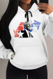 White Blue Street Figure Print Letters Draw String Pocket Hooded Tops