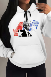Gray White Street Figure Print Letters Draw String Pocket Hooded Tops