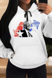 White Blue Street Figure Print Letters Draw String Pocket Hooded Tops