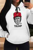 White Blue Street Figure Print Letters Draw String Pocket Hooded Tops