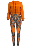 Tangerine Red Casual Print Patchwork Zipper Hooded Long Sleeve Two Pieces