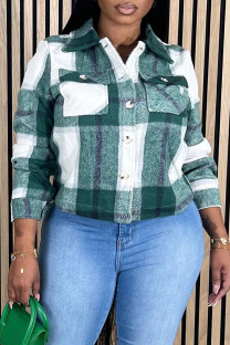 Malachite Green Casual Plaid Pocket Buckle Patchwork Turndown Collar Outerwear