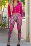 Tangerine Red Casual Print Patchwork Zipper Hooded Long Sleeve Two Pieces
