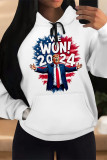 White Blue Street Figure Print Letters Draw String Pocket Hooded Tops
