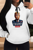 White Blue Street Figure Print Letters Draw String Pocket Hooded Tops