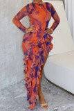 Tangerine Red Elegant Print Patchwork Ruffled Trim O Neck Irregular Dresses