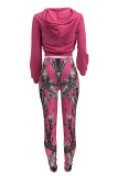 Tangerine Red Casual Print Patchwork Zipper Hooded Long Sleeve Two Pieces