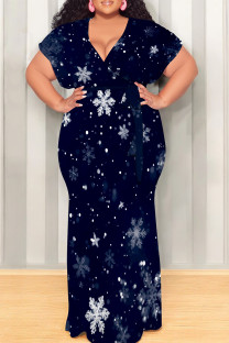 Tibetan Blue Casual Print Patchwork Strap Design V Neck Long Plus Size Dresses