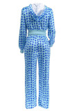 Sky Blue Casual Love Print Pocket Zipper Hooded Long Sleeve Two Pieces