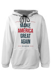 White Blue Street Figure Print Letters Draw String Pocket Hooded Tops