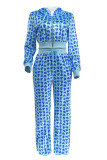 Sky Blue Casual Love Print Pocket Zipper Hooded Long Sleeve Two Pieces