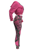 Tangerine Red Casual Print Patchwork Zipper Hooded Long Sleeve Two Pieces