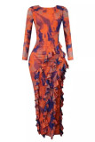 Tangerine Red Elegant Print Patchwork Ruffled Trim O Neck Irregular Dresses
