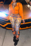 Tangerine Red Casual Print Patchwork Zipper Hooded Long Sleeve Two Pieces