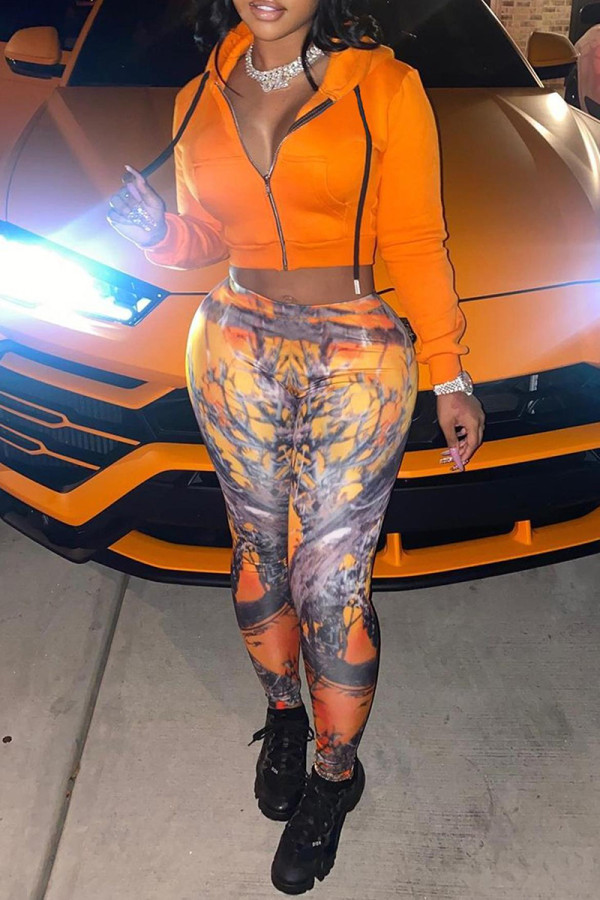Tangerine Red Casual Print Patchwork Zipper Hooded Long Sleeve Two Pieces