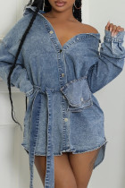 Blue Casual Solid Color Pocket Buckle Patchwork Turndown Collar Long Sleeve Regular Denim Jacket