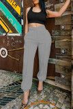 White Casual Solid Color Hollow Out Pocket Patchwork Regular Mid Waist Pencil Patchwork Bottoms