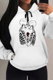 Black Casual Skull Love Print Letters Draw String Pocket Hooded Tops