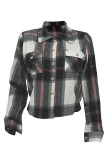 Black Casual Plaid Pocket Buckle Patchwork Turndown Collar Outerwear