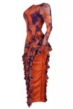 Tangerine Red Elegant Print Patchwork Ruffled Trim O Neck Irregular Dresses