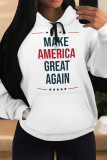 White Blue Street Figure Print Letters Draw String Pocket Hooded Tops