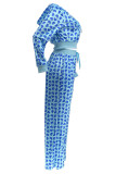 Sky Blue Casual Love Print Pocket Zipper Hooded Long Sleeve Two Pieces