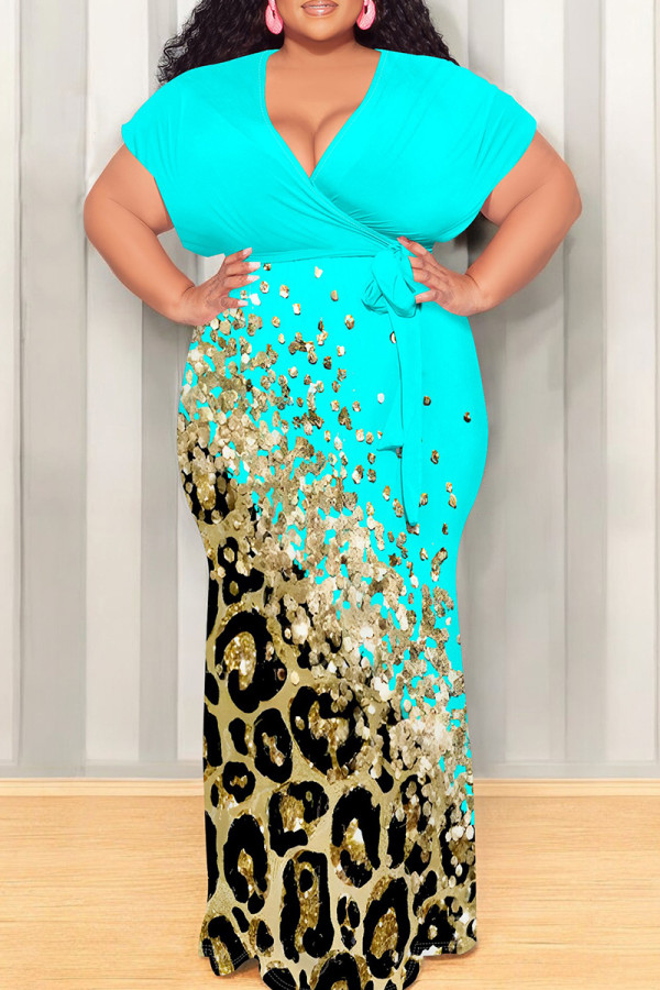 Cyan Casual Print Patchwork Strap Design V Neck Long Plus Size Dresses