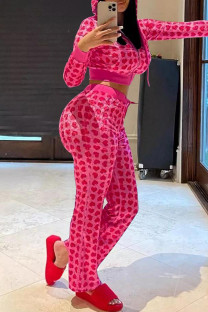 Pink Casual Love Print Pocket Zipper Hooded Long Sleeve Two Pieces