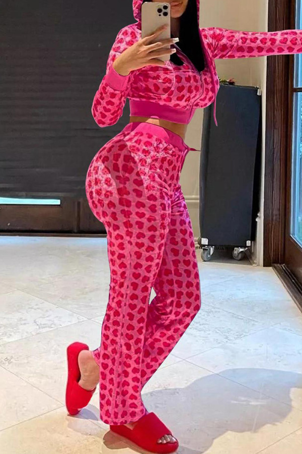 Pink Casual Love Print Pocket Zipper Hooded Long Sleeve Two Pieces