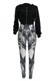 Tangerine Red Casual Print Patchwork Zipper Hooded Long Sleeve Two Pieces