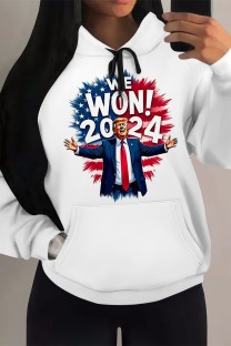White Blue Street Figure Print Letters Draw String Pocket Hooded Tops