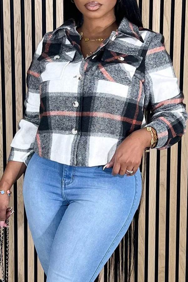 Black Casual Plaid Pocket Buckle Patchwork Turndown Collar Outerwear