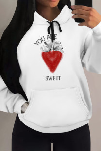 White Casual Skull Love Print Letters Draw String Pocket Hooded Tops
