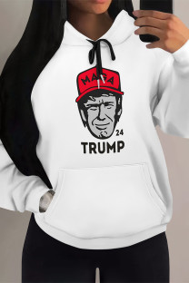 White Red Street Figure Print Letters Draw String Pocket Hooded Tops