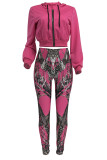 Tangerine Red Casual Print Patchwork Zipper Hooded Long Sleeve Two Pieces