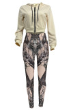 Tangerine Red Casual Print Patchwork Zipper Hooded Long Sleeve Two Pieces