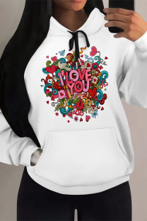 Multi-color Casual Skull Love Print Letters Draw String Pocket Hooded Tops