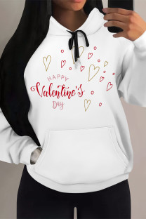 White Red Casual Skull Love Print Letters Draw String Pocket Hooded Tops